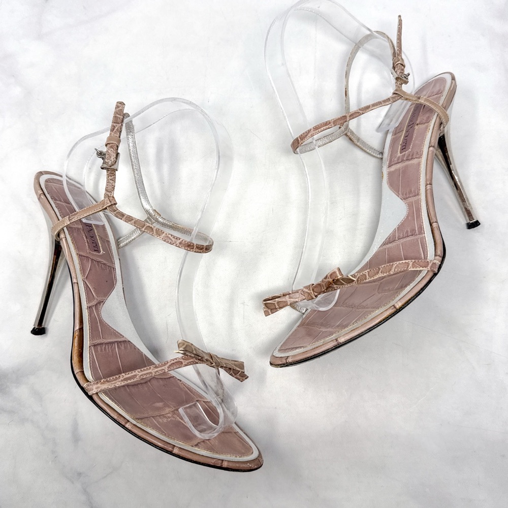 Cesare Paciotti Vintage Y2K Dagger Bow Croc Open Toe Stiletto Sandal Heels 40